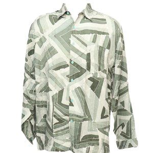 Vintage 60s Malaysian Batik on Green Silk Long-Sleeve Button-Up Shirt XL